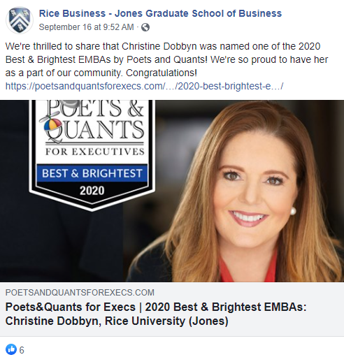 Social media post highlighting EMBA alumni Christine Dobbyn