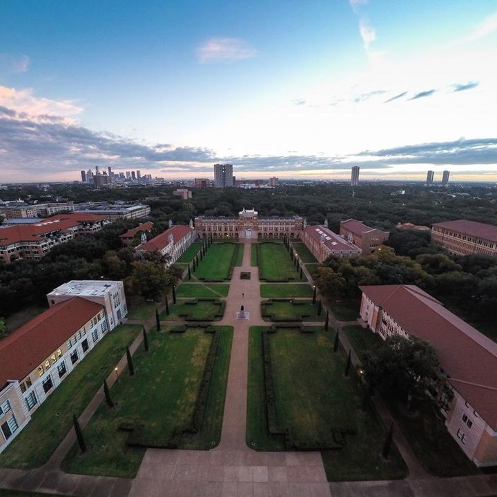 drone photo of lovett hall at rice university